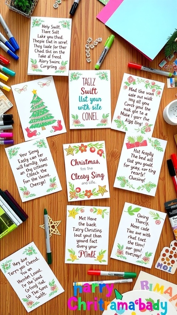 Handmade Christmas cards inspired by Taylor Swift with colorful designs and lyrics, displayed on a crafting table.